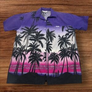 Vintage Windswept Hawaiian Shirt Palm Tree Print Button‎ Up Purple Tropical L